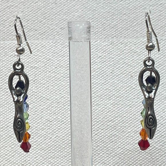 HANDMADE BEADED ART RAINBOW SWAROVSKI CRYSTALS STERLING SILVER GODDESS EARRINGS - Picture 1 of 7